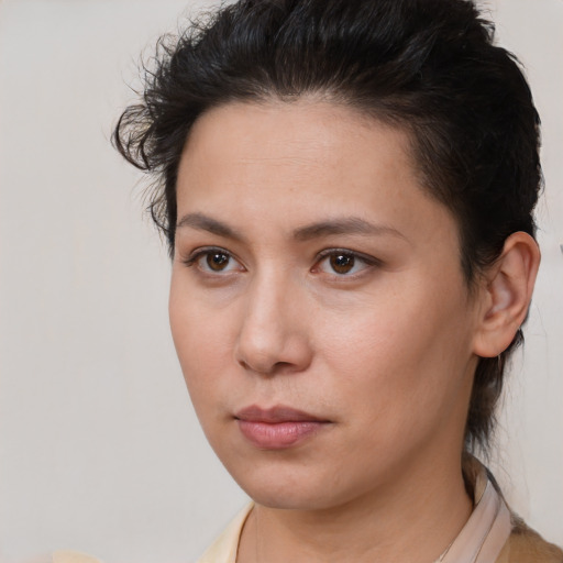 Neutral white young-adult female with short  brown hair and brown eyes