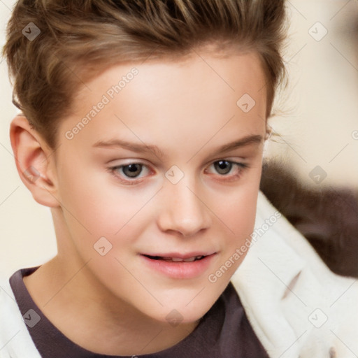 Joyful white child female with short  brown hair and brown eyes