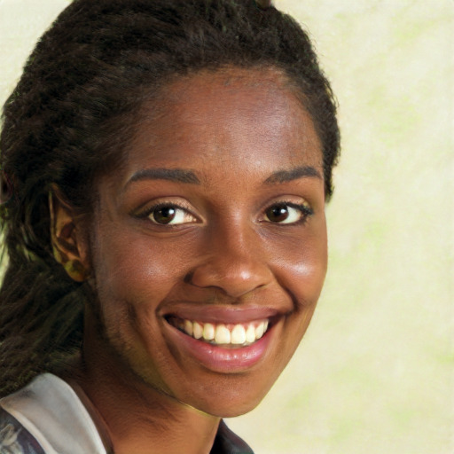 Joyful black young-adult female with long  brown hair and brown eyes