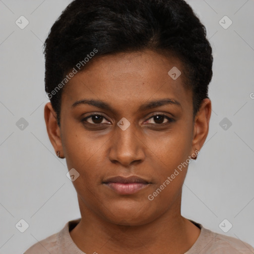 Neutral latino young-adult female with short  black hair and brown eyes