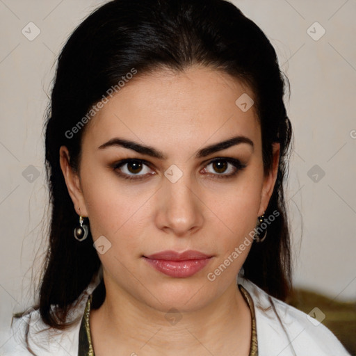 Neutral white young-adult female with medium  brown hair and brown eyes