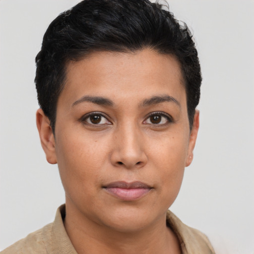 Neutral latino young-adult female with short  brown hair and brown eyes