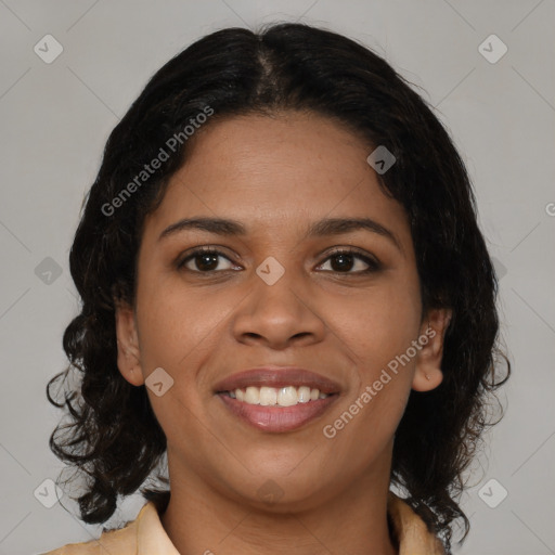 Joyful black young-adult female with medium  brown hair and brown eyes