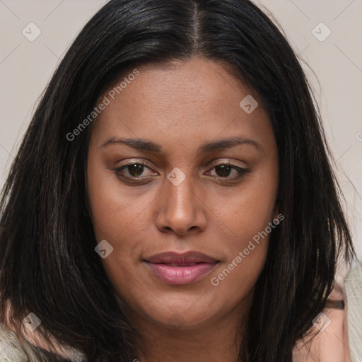 Joyful asian young-adult female with long  brown hair and brown eyes