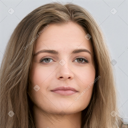 Neutral white young-adult female with long  brown hair and brown eyes