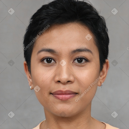 Joyful asian young-adult female with short  black hair and brown eyes