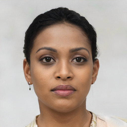 Neutral latino young-adult female with short  black hair and brown eyes
