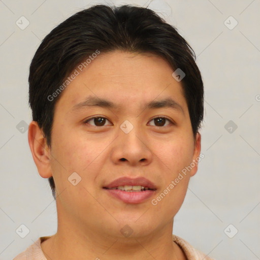 Joyful asian young-adult male with short  brown hair and brown eyes