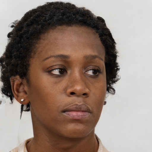 Neutral black young-adult female with short  brown hair and brown eyes