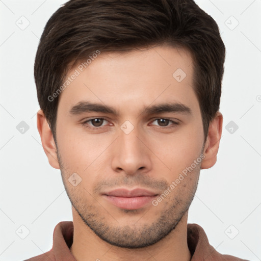 Neutral white young-adult male with short  brown hair and brown eyes