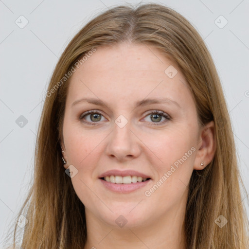 Joyful white young-adult female with long  brown hair and grey eyes