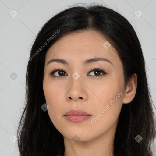 Neutral asian young-adult female with long  black hair and brown eyes