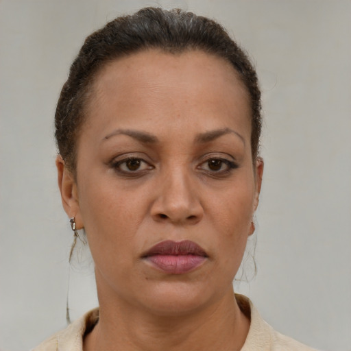 Joyful black adult female with short  brown hair and brown eyes