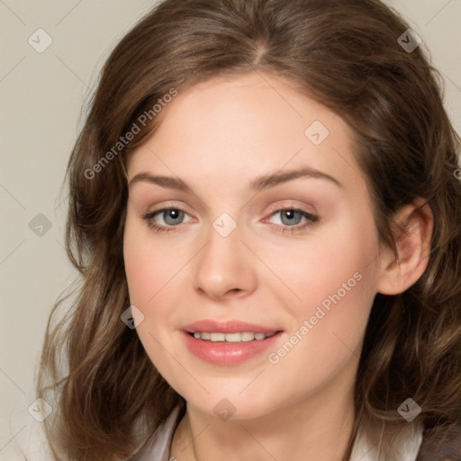 Joyful white young-adult female with medium  brown hair and green eyes