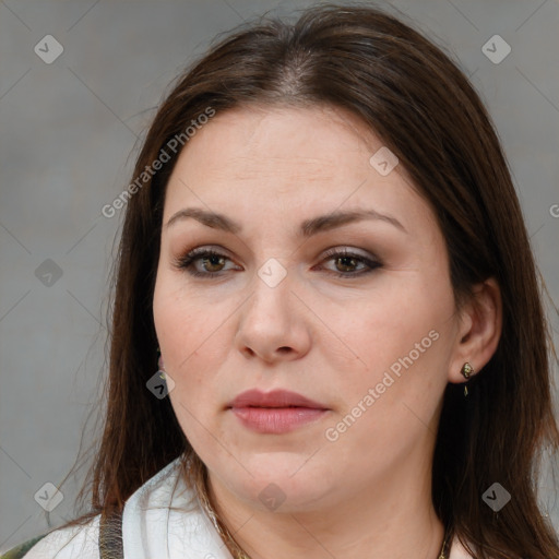 Neutral white young-adult female with medium  brown hair and brown eyes