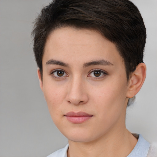 Neutral white young-adult female with short  brown hair and brown eyes