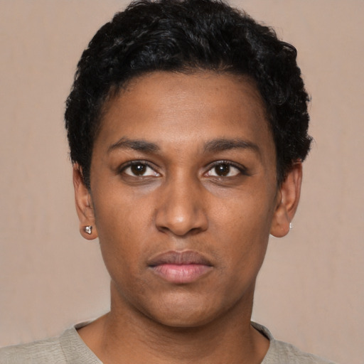 Neutral black young-adult male with short  black hair and brown eyes