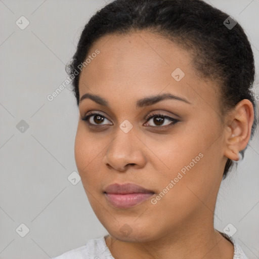 Joyful latino young-adult female with short  brown hair and brown eyes