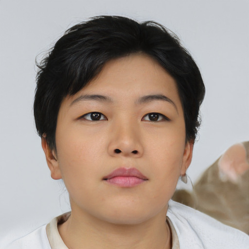 Neutral asian young-adult female with short  brown hair and brown eyes
