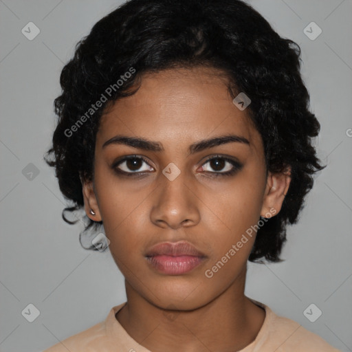 Neutral latino young-adult female with short  black hair and brown eyes