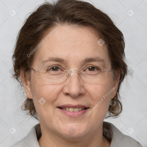 Joyful white adult female with medium  brown hair and brown eyes