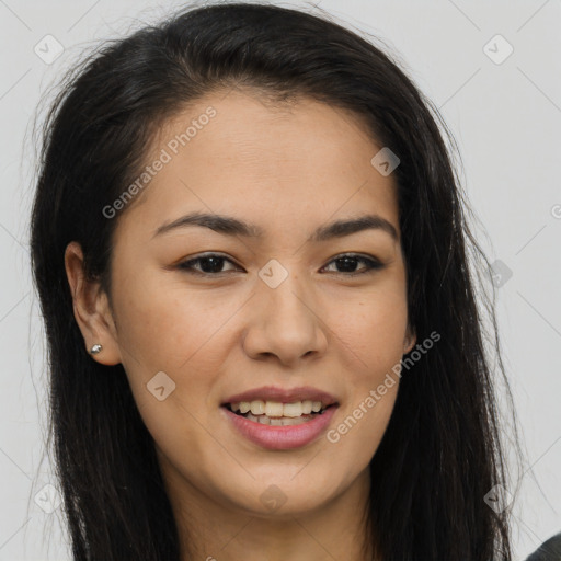 Joyful latino young-adult female with long  brown hair and brown eyes