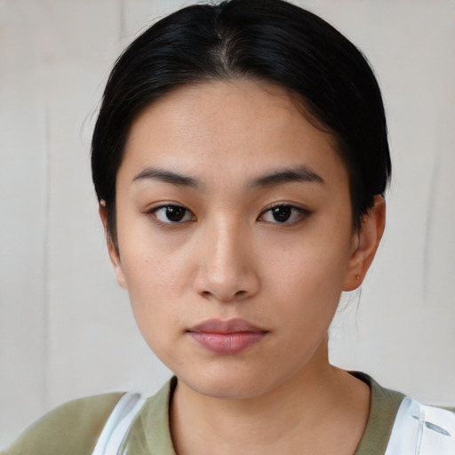 Neutral asian young-adult female with medium  black hair and brown eyes