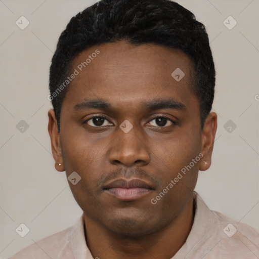Neutral black young-adult male with short  black hair and brown eyes