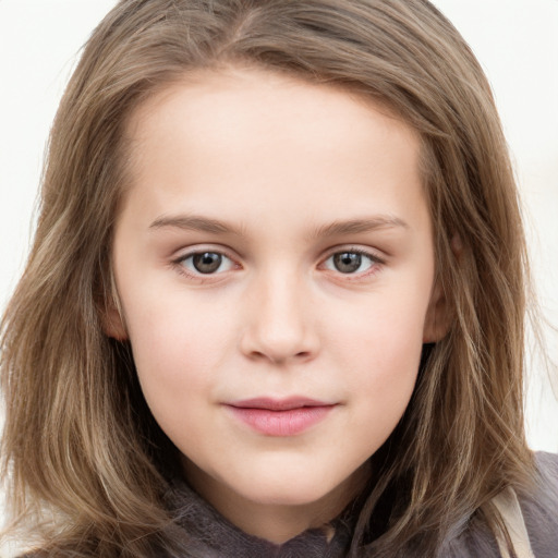 Neutral white child female with long  brown hair and grey eyes