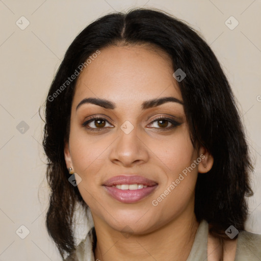 Joyful latino young-adult female with medium  brown hair and brown eyes