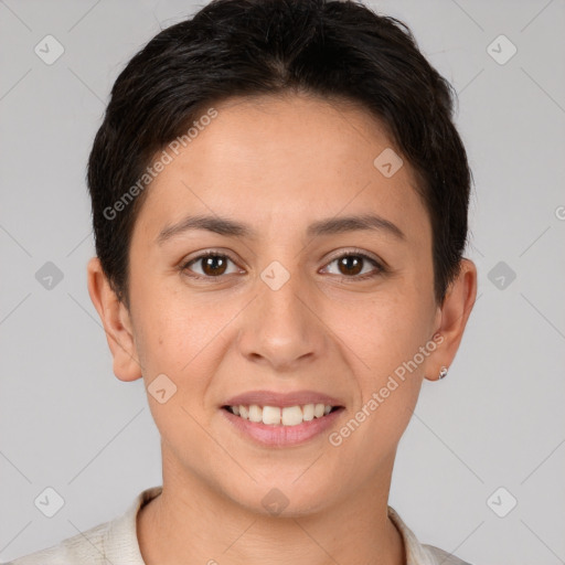 Joyful white young-adult female with short  brown hair and brown eyes