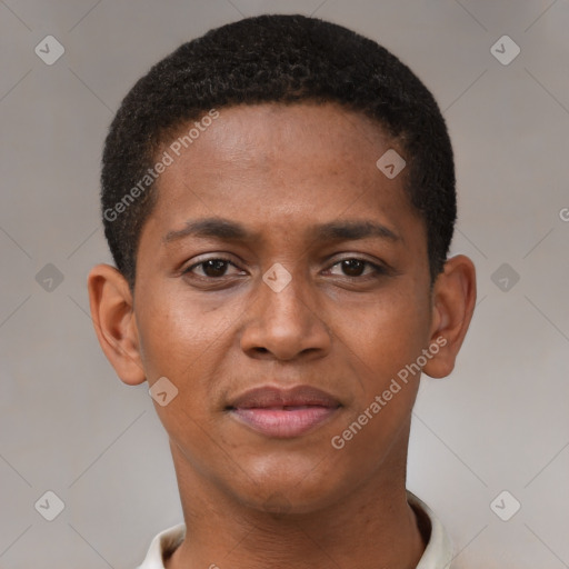 Joyful black young-adult male with short  brown hair and brown eyes