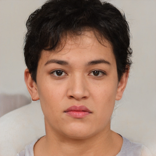 Neutral asian young-adult female with short  brown hair and brown eyes