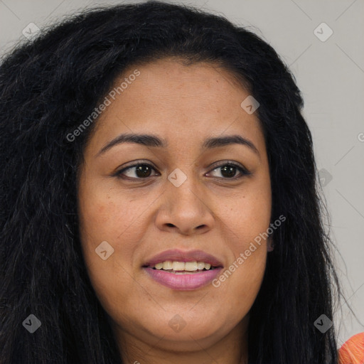 Joyful latino young-adult female with long  brown hair and brown eyes