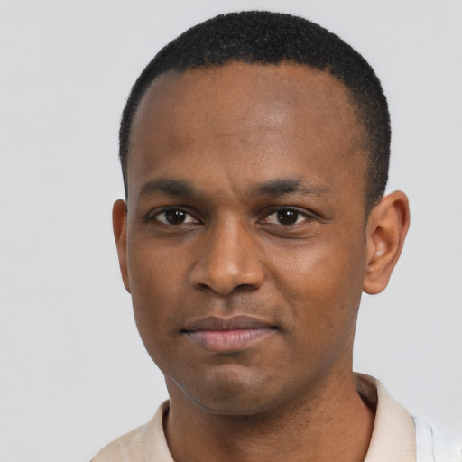 Neutral black young-adult male with short  black hair and brown eyes