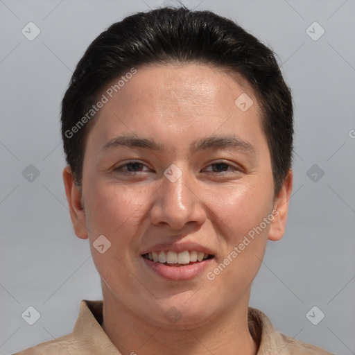 Joyful white adult female with short  brown hair and brown eyes