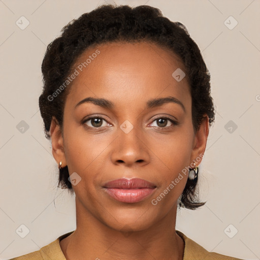 Neutral latino young-adult female with short  brown hair and brown eyes