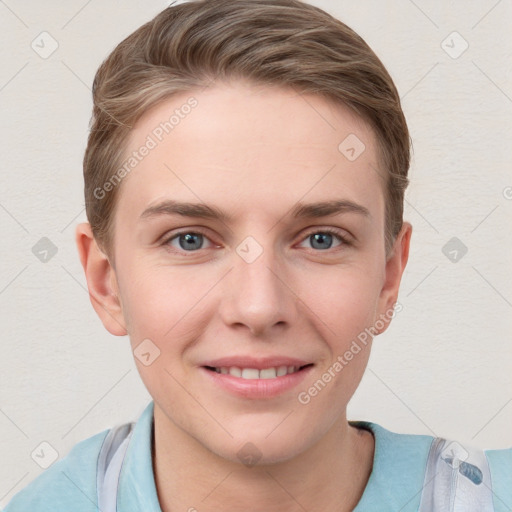 Joyful white young-adult female with short  brown hair and grey eyes