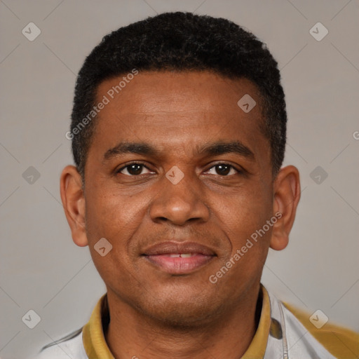 Joyful latino young-adult male with short  brown hair and brown eyes