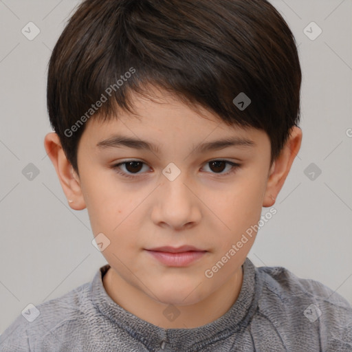 Joyful white child female with short  brown hair and brown eyes