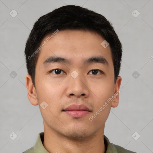 Neutral asian young-adult male with short  black hair and brown eyes