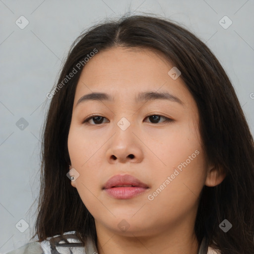 Neutral asian young-adult female with medium  brown hair and brown eyes