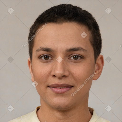 Joyful white young-adult female with short  brown hair and brown eyes