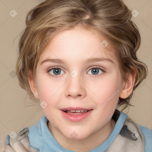 Joyful white child female with medium  brown hair and blue eyes