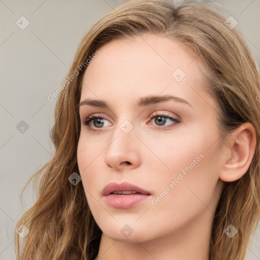 Neutral white young-adult female with long  brown hair and blue eyes