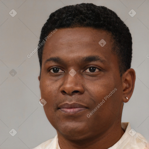Neutral black young-adult male with short  black hair and brown eyes