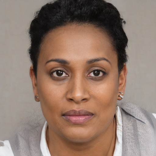 Joyful black young-adult female with short  brown hair and brown eyes