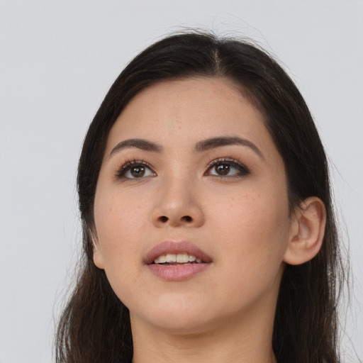 Neutral asian young-adult female with long  brown hair and brown eyes