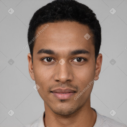 Neutral latino young-adult male with short  black hair and brown eyes