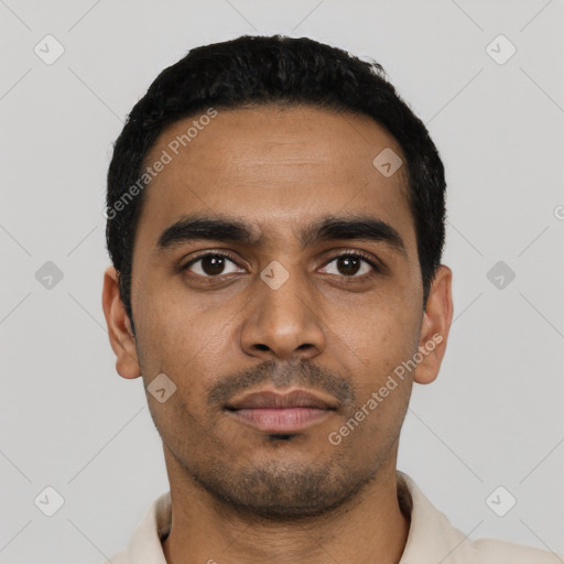 Neutral latino young-adult male with short  black hair and brown eyes